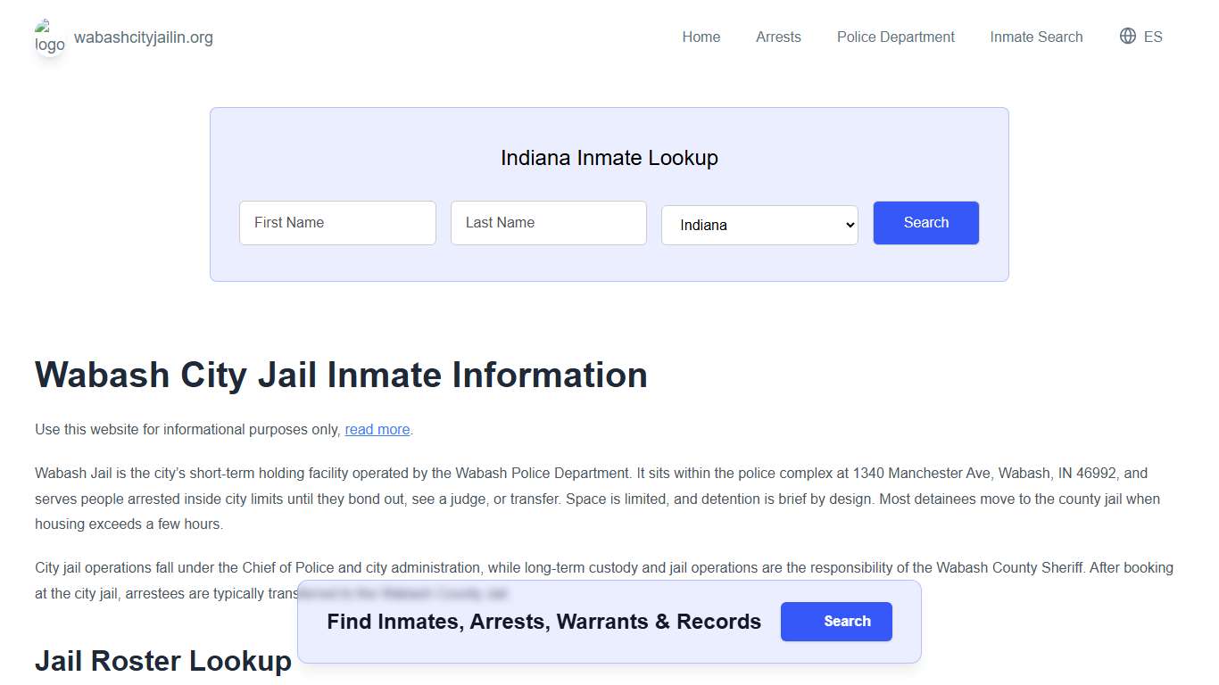 Wabash Jail, IN Inmate Roster, Municipal Jail Info