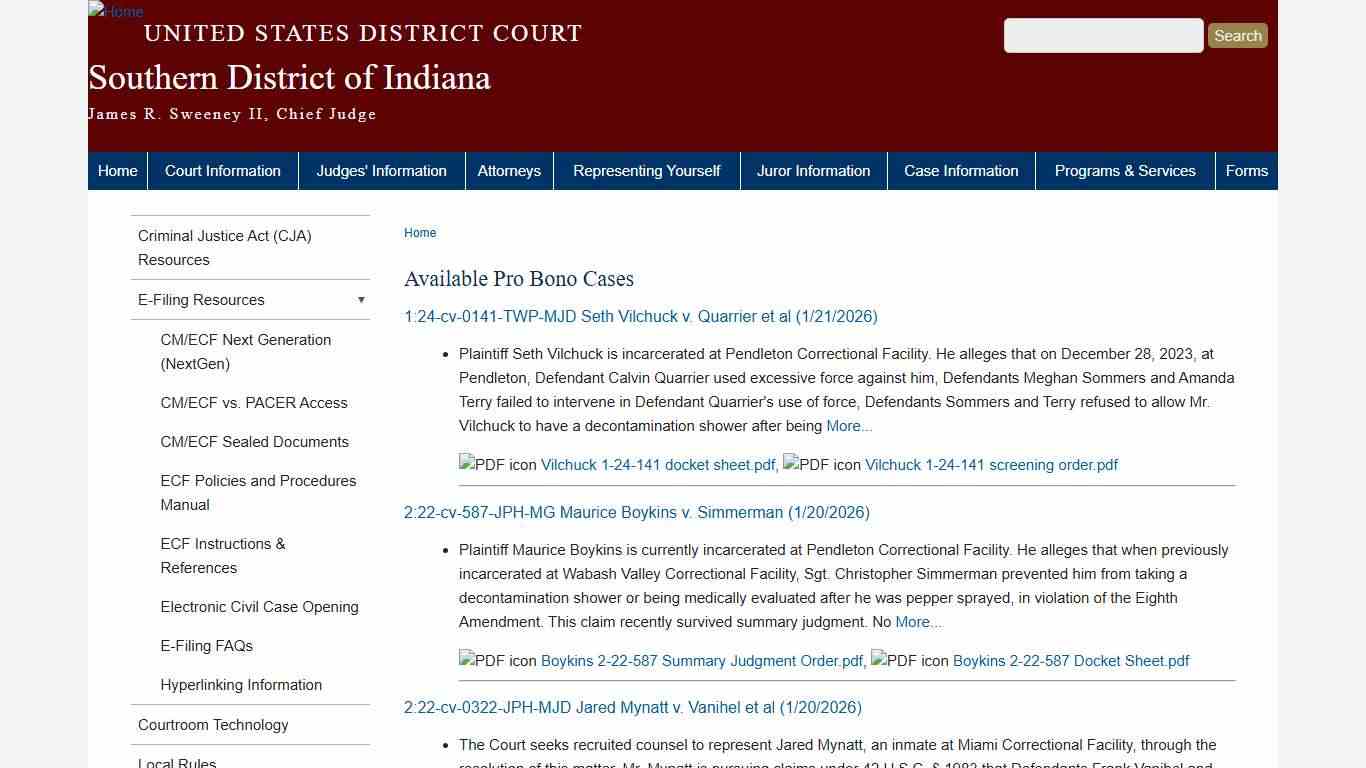 Available Pro Bono Cases Southern District of Indiana United States District Court