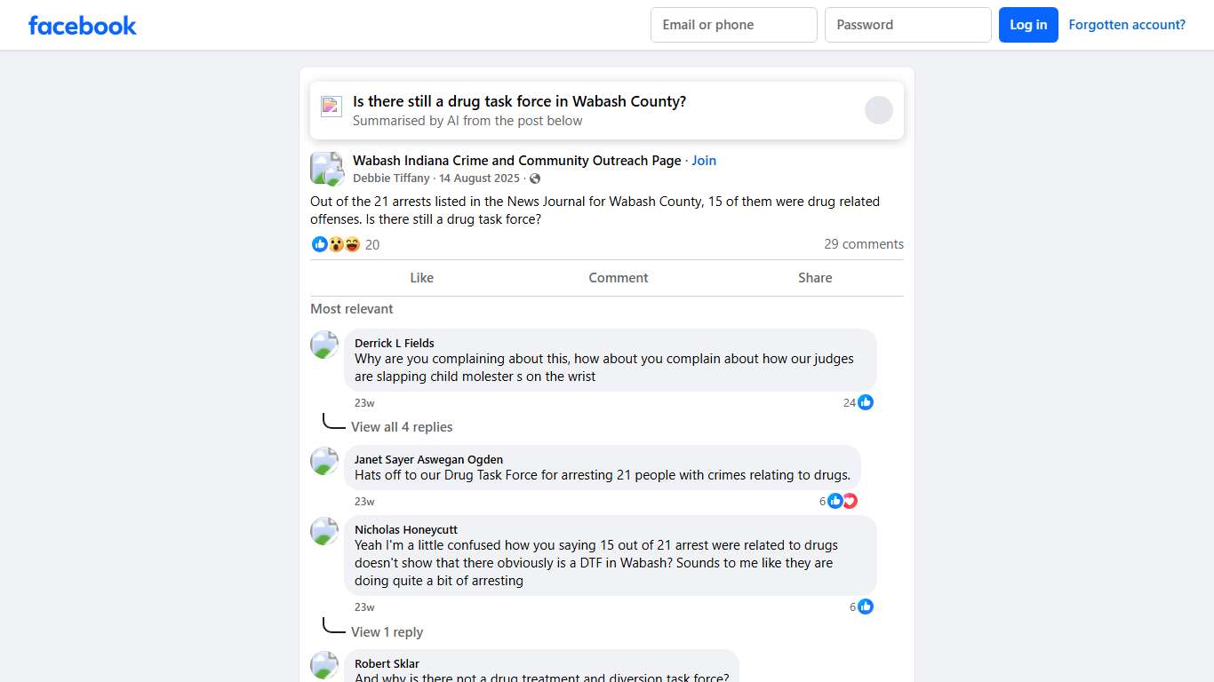 Wabash Indiana Crime and Community Outreach Page Out of the 21 arrests listed in the News Journal for Wabash County, 15 of them were drug related offenses Facebook